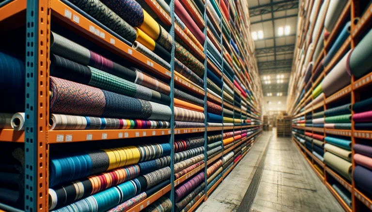 A tall series of shelves containing rolls of deadstock fabric.