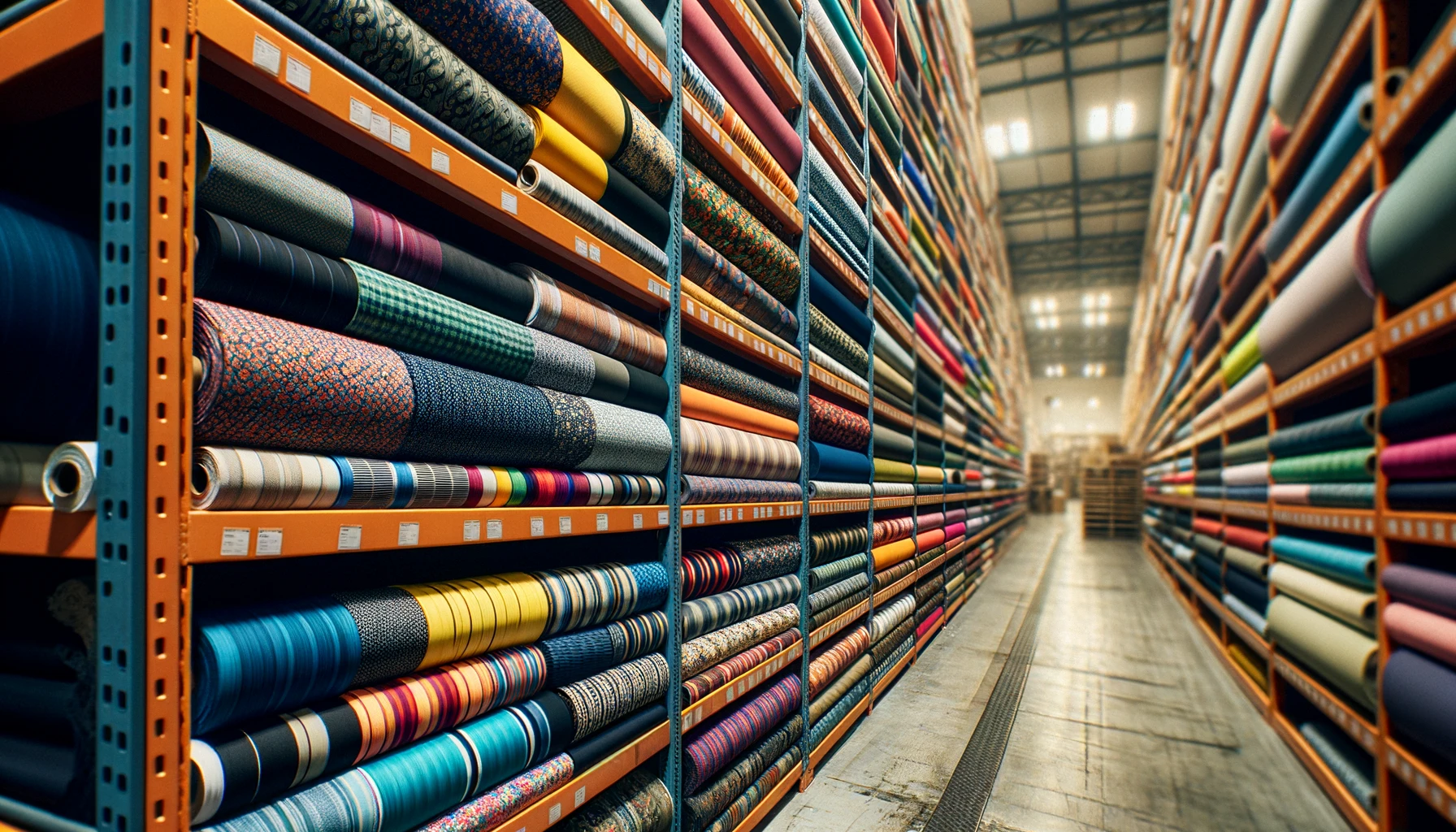 A tall series of shelves containing rolls of deadstock fabric.
