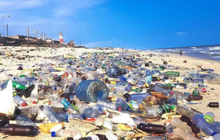 Plastic pollution, overwhelming a beach in Ghana