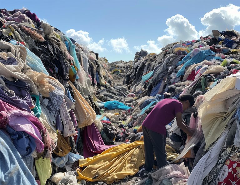 A man combs through piles of discarded clothing.